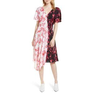 Lewit Floral Print Dress Pink Black Silk Asymmetrical SZ 10 New $399